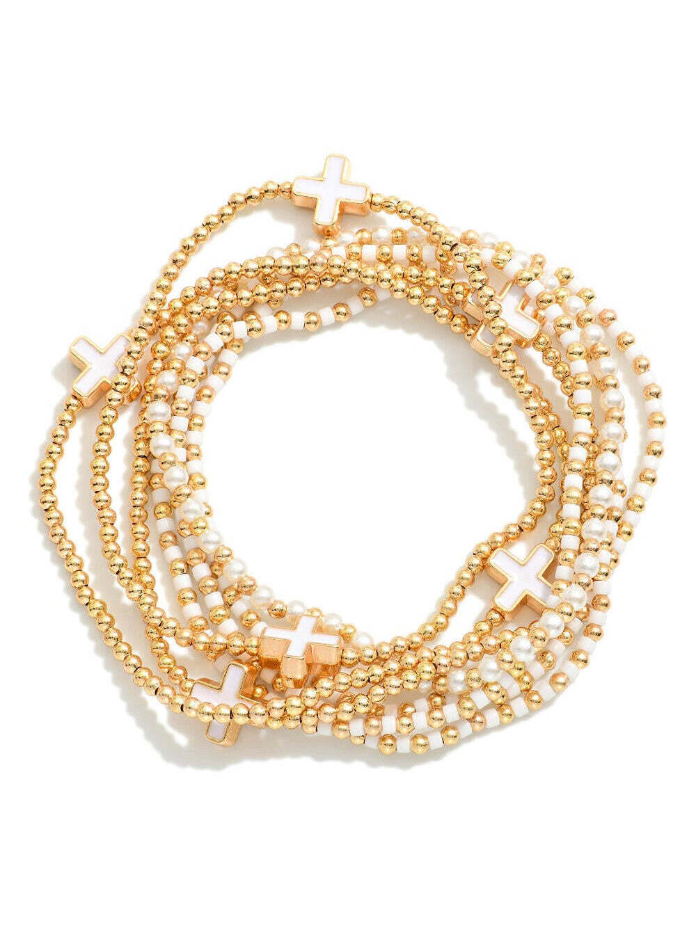 Gold White Enamel Cross Pearl Beaded Stretch Bracelet Stack Set of 7
